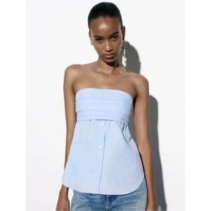 Zara Strapless Button Front Top Blue Cotton Shirt Style Pleated Old Money